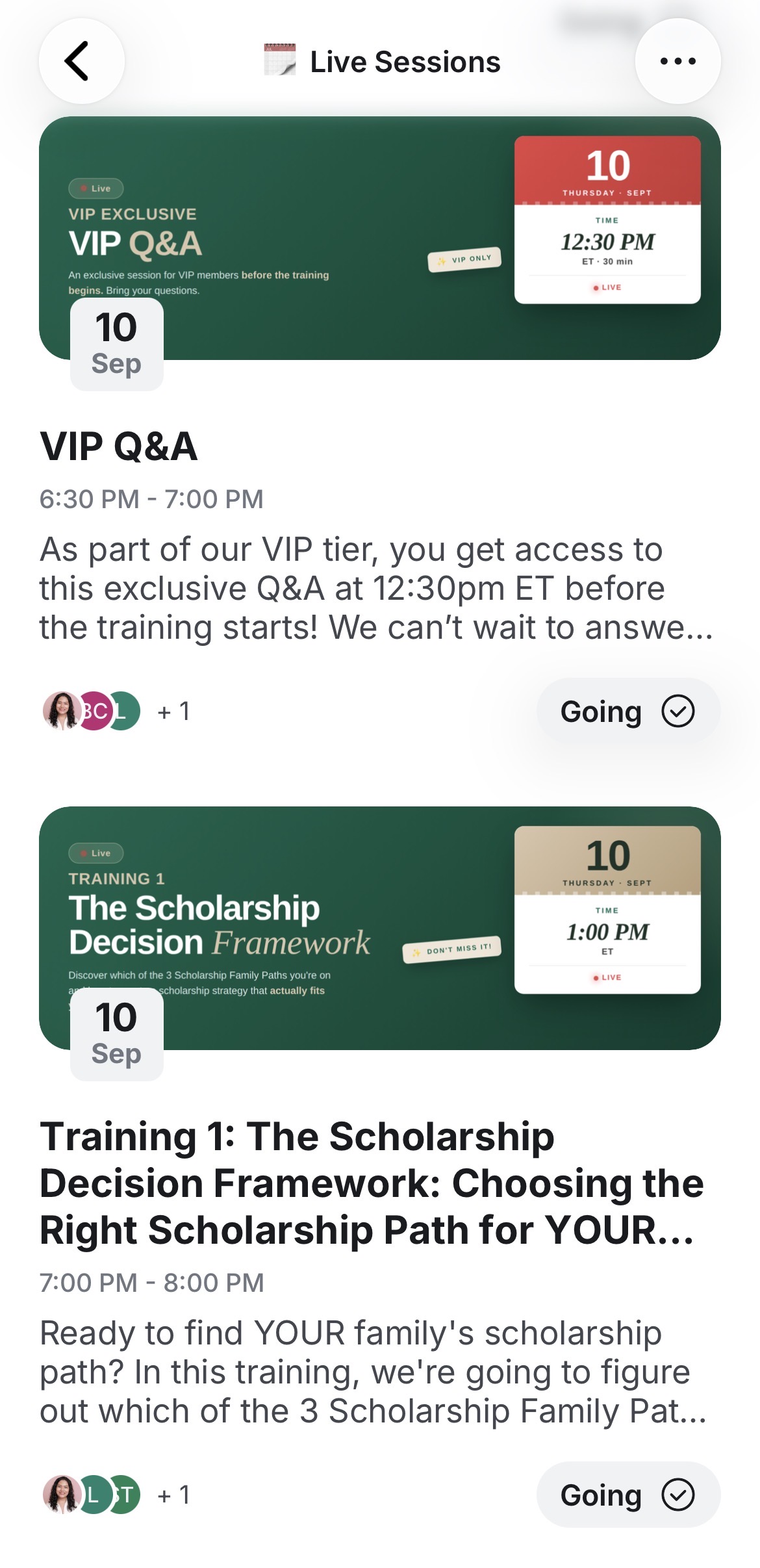 Live session listings inside the community on mobile