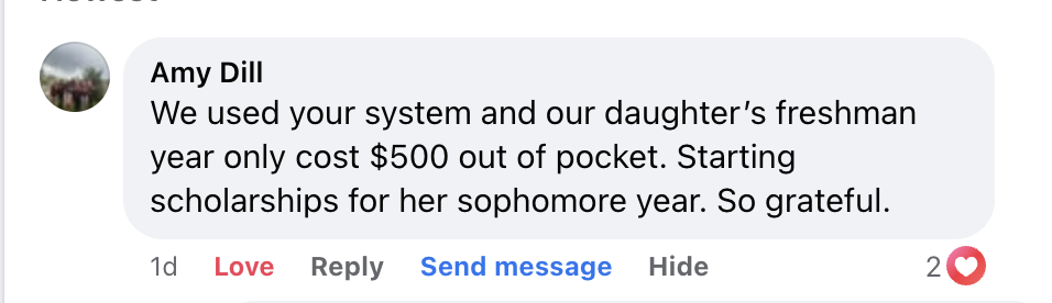 Facebook testimonial from Amy — daughter's freshman year cost only $500 out of pocket