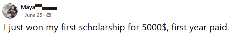 Facebook testimonial from Maya — won first scholarship, $5,000 first year paid