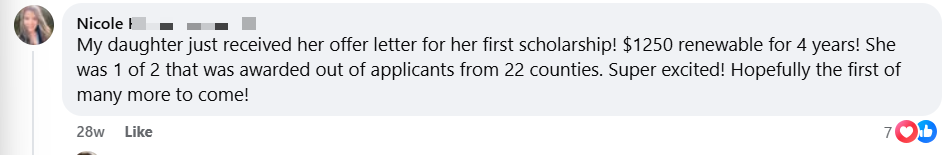 Facebook testimonial from Nicole — $1,250 renewable scholarship for 4 years
