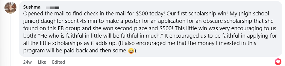 Facebook testimonial from Sushma — first scholarship win of $500