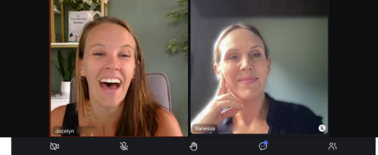 TSS members Jocelyn and Vanessa on a live Zoom strategy session, with call controls visible