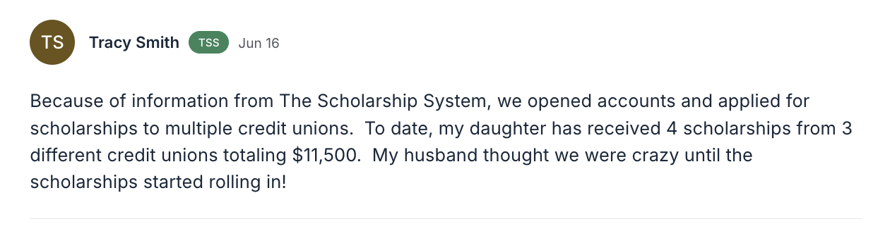 Community testimonial from Tracy — 4 scholarships totaling $11,500