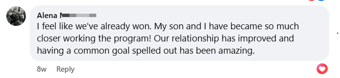 Facebook testimonial from Alena — closer relationship working the program