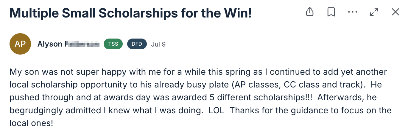 Community post from Alyson: son awarded 5 different scholarships on awards day