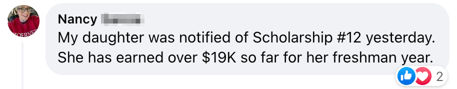 Community post from Nancy: daughter notified of Scholarship #12 — over $19K so far for her freshman year