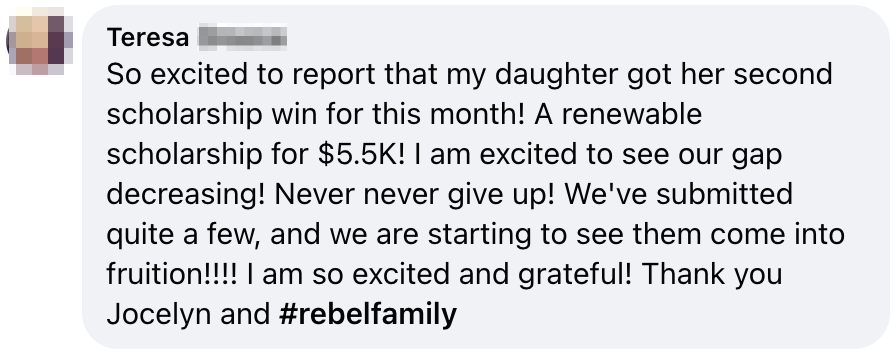 Community post from Teresa: daughter's second scholarship win this month — a renewable $5.5K