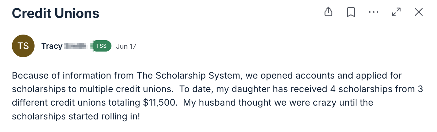Community post from Tracy: daughter received 4 scholarships from 3 credit unions totaling $11,500