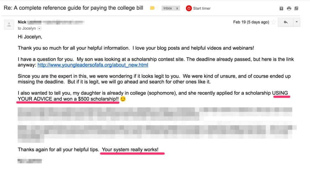 Email from a user of The Scholarship System