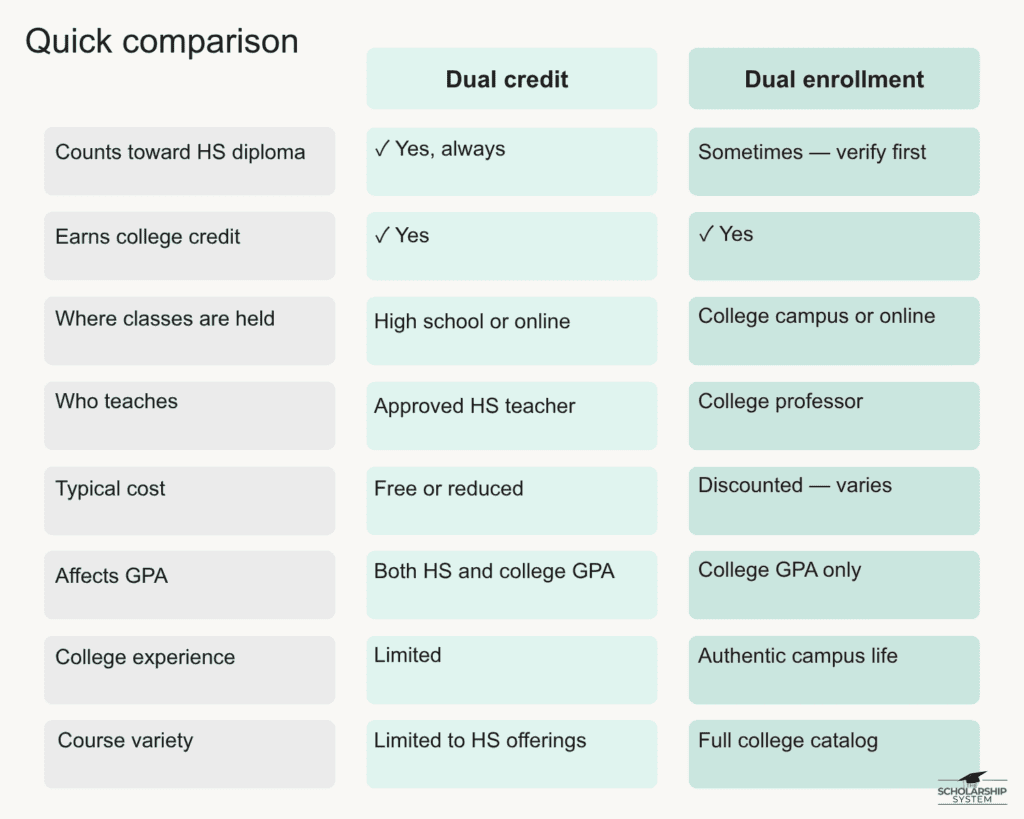 quick comparison chart dual credit vs dual enrollment